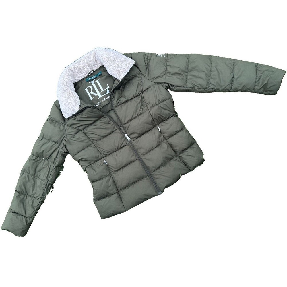 Lauren Ralph Lauren Women’s Large Green Down Puffer Jacket Sherpa Collar Coat